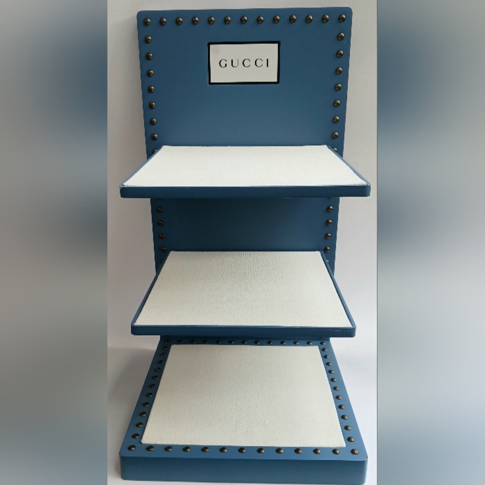 Large GUCCI 3 Tier Shelf Studded Flat Back Countertop Retail Display Blue White